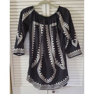 Tribal Print Gathered Neckline Top Women Black 3/4 Sleeve Size L
